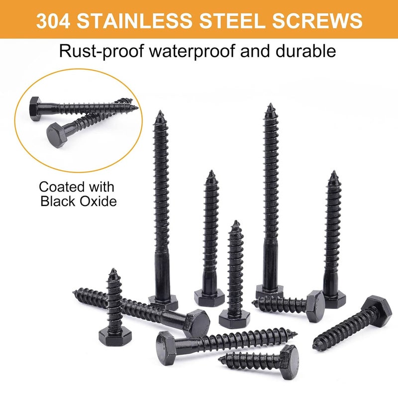 VIGRUE 1/4" Hex Lag Bolts Stainless Steel 18-8 (304), 108PCS Black Oxidized, Hex Lag Screws Heavy Duty Wood Screws Washers Assortment kit, Length Include 1" 1-1/2" 2" 2-1/2" 3" - Image 5